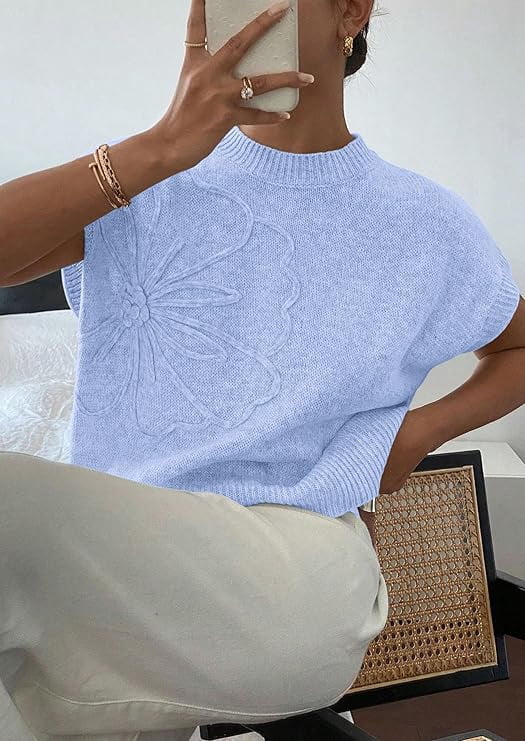 PRETTYGARDEN Women's Spring Sweater Vest Trendy Flower Knit Short Sleeve Cute Pullover Tank Tops Summer Fashion Clothing