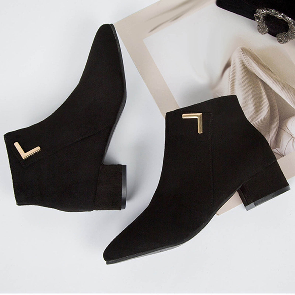 hopeusnice Women's Suede Ankle Boots Low Heel Pointed Toe Zipper Booties Comfortable Block Heel Dress Shoes Fall Winter Footwear Beige 42