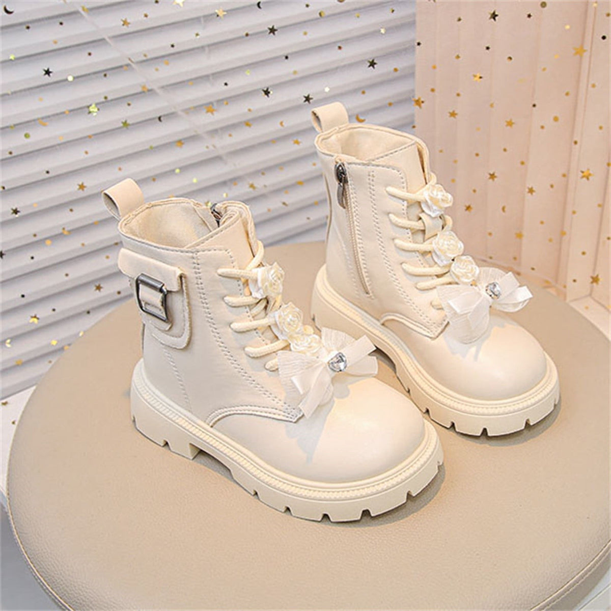 BXJX Girls Ankle Boots with Zipper, Bow Fall Winter Soft Sole Slip-Resistant Lace Up Boots Beige Size 13.5 Little Kids
