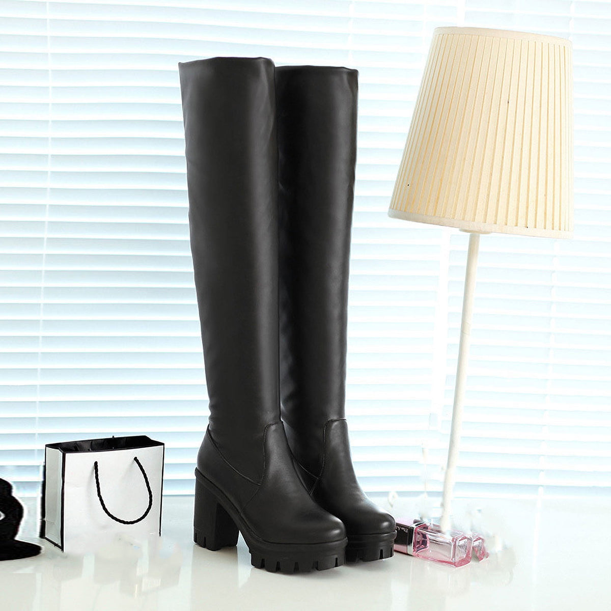 hopeusnice Women's Over The Knee Boots Chunky Heel Boots Faux Leather Thigh High Boots Winter Boots White 36