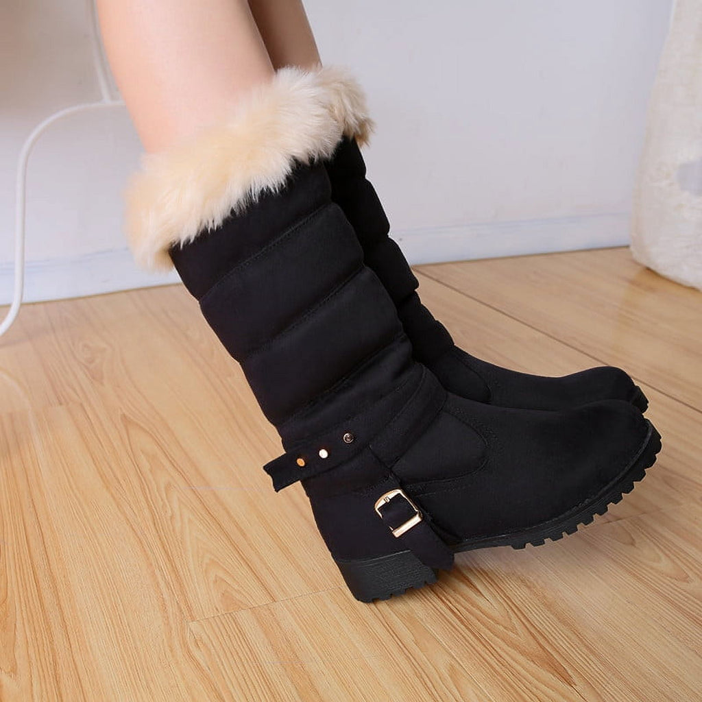 Mid Calf Boots For Women Thermal Plush Fleece Lined Suede Round Toe Chunky Mid Heels Winter Snow Boots Winter Warm Dress Long Tall Boots Blue 37