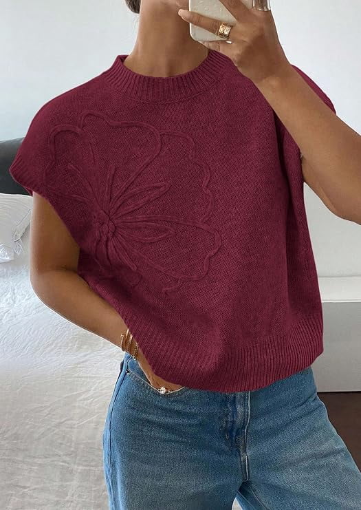 PRETTYGARDEN Women's Spring Sweater Vest Trendy Flower Knit Short Sleeve Cute Pullover Tank Tops Summer Fashion Clothing