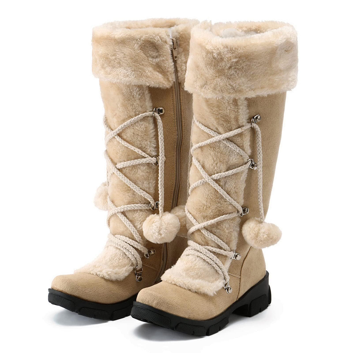 hopeusnice Women's Winter Boots Fuzzy Fleece Lined Knee High Snow Boots Warm Plush Lace Up Outdoor Ankle Boots Beige 36