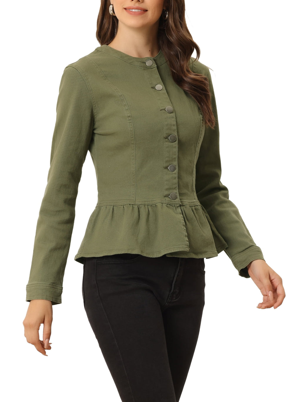 INSPIRE CHIC Women's Denim Jackets Button Down Peplum Hem Long Sleeves Cropped Jean Jackets White L