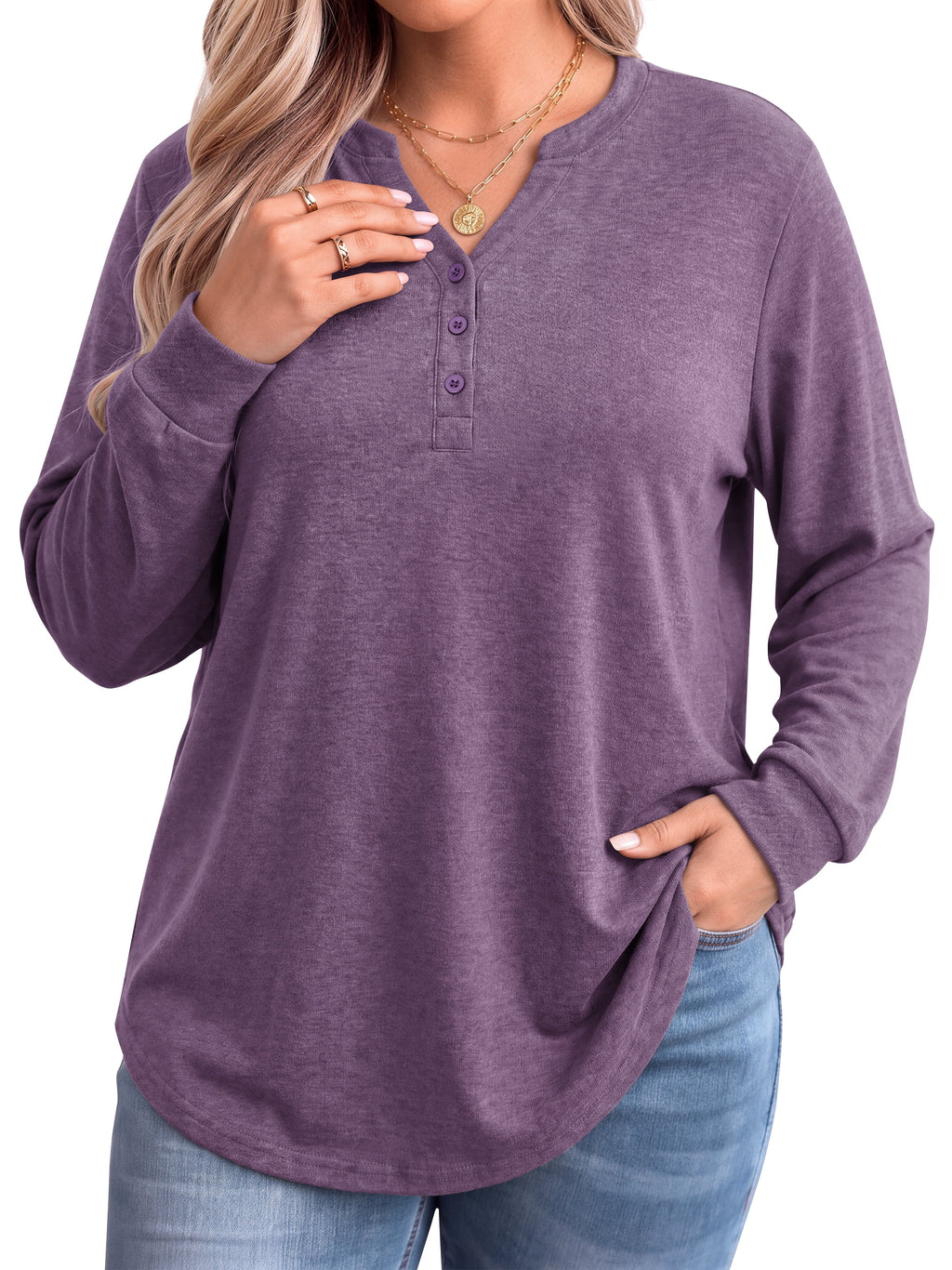 WellSize Plus Size Blouses for Women Henley V Neck Tops Casual Long Sleeve Button Shirts Fall Pullover Outfit