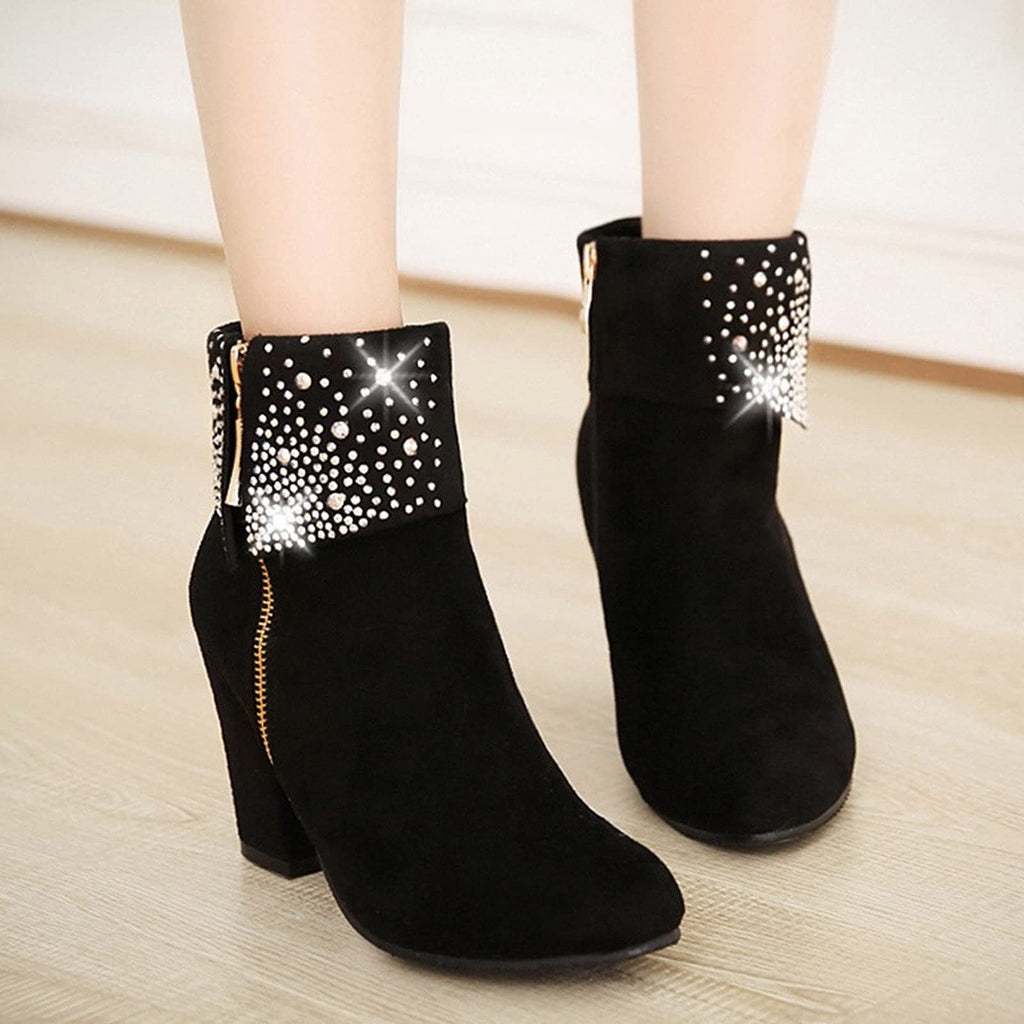 hopeusnice Women's Rhinestone Ankle Boots Zipper Suede Block Heel Booties Comfortable Dressy Winter Warm Shoes Black 36