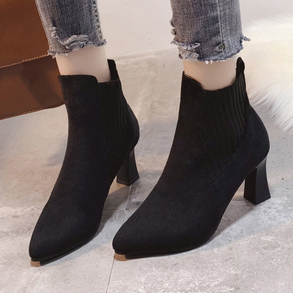 hopeusnice Women's Ankle Boots Pointed Toe Suede Block Heel Booties Elastic Side Zipper Comfortable Dress Boots Fall Winter Shoes Beige 39