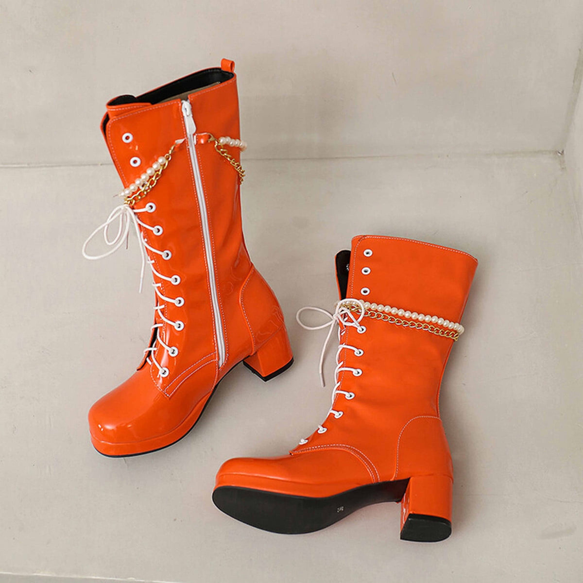 hopeusnice Knee High Boots for Women Mid Calf Boots Chunky Block Heels Buckle Lace Up Boots Stylish Fall Winter Shoes Orange 36