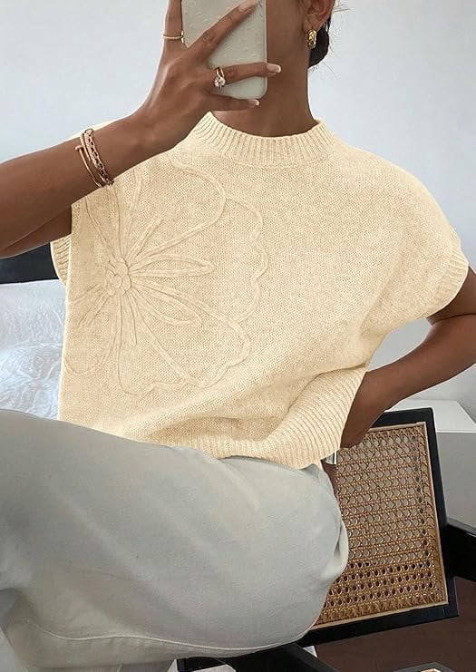 PRETTYGARDEN Women's Spring Sweater Vest Trendy Flower Knit Short Sleeve Cute Pullover Tank Tops Summer Fashion Clothing