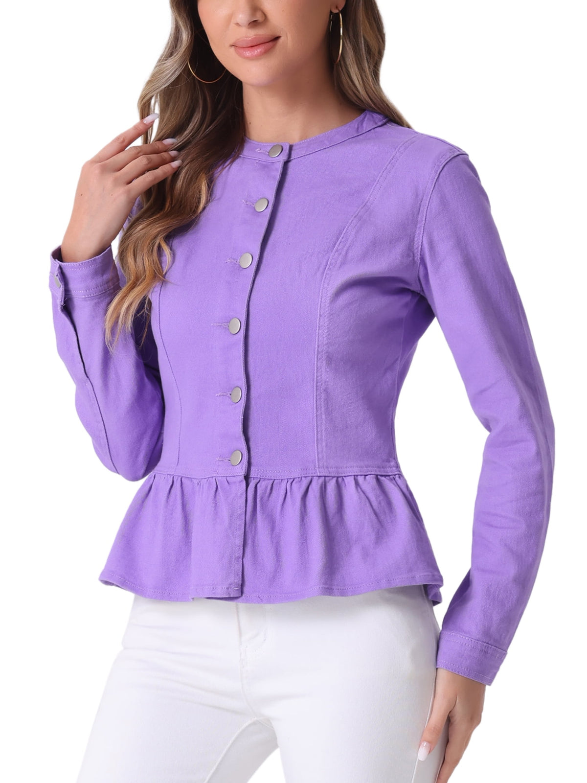 INSPIRE CHIC Women's Denim Jackets Button Down Peplum Hem Long Sleeves Cropped Jean Jackets White L