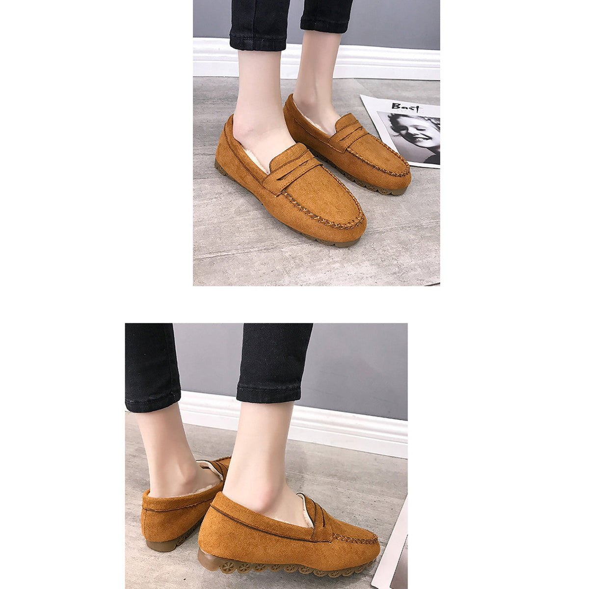 Women's Suede Loafers Winter Warm Plush Fuzzy Fleece Lined Slip On Shoes Flats Comfortable Cozy Indoor Outdoor Footwear Red 38