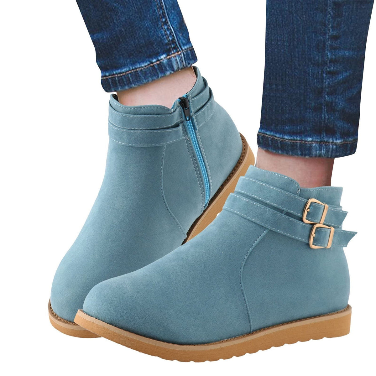 hopeusnice Women's Buckle Ankle Boots Suede Winter Warm Shoes Flat Heel Buckle Ankle Boots Comfortable Fashion Boots Black 36