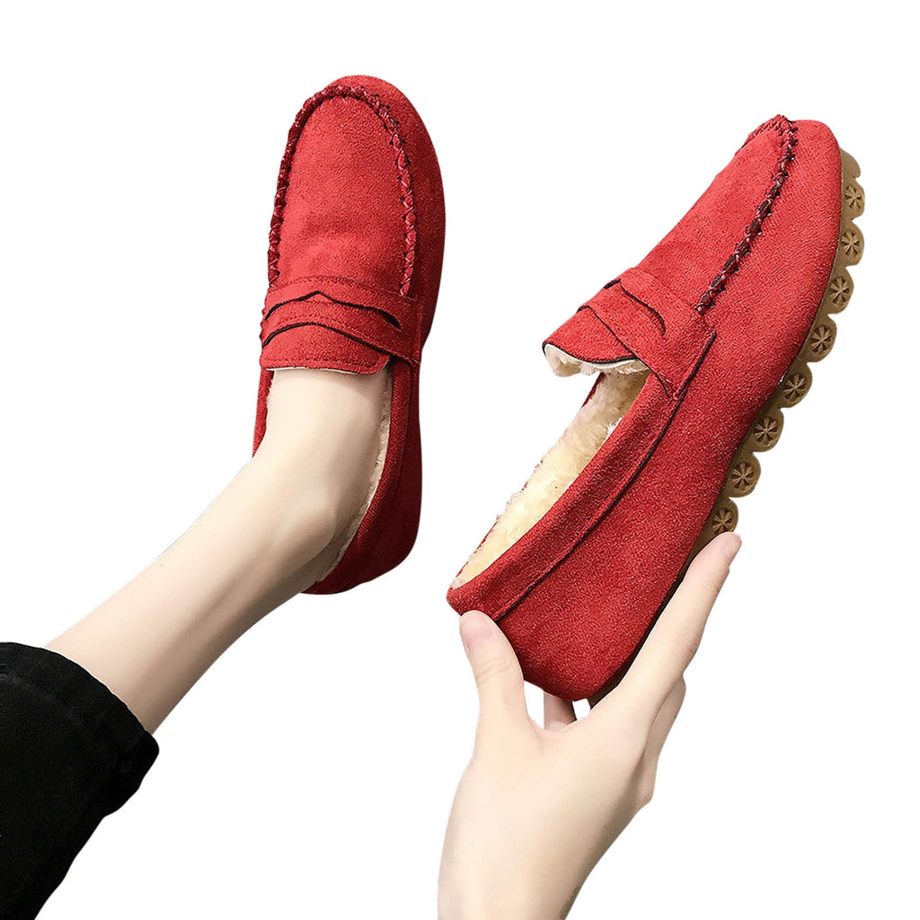 Women's Suede Loafers Winter Warm Plush Fuzzy Fleece Lined Slip On Shoes Flats Comfortable Cozy Indoor Outdoor Footwear Red 38