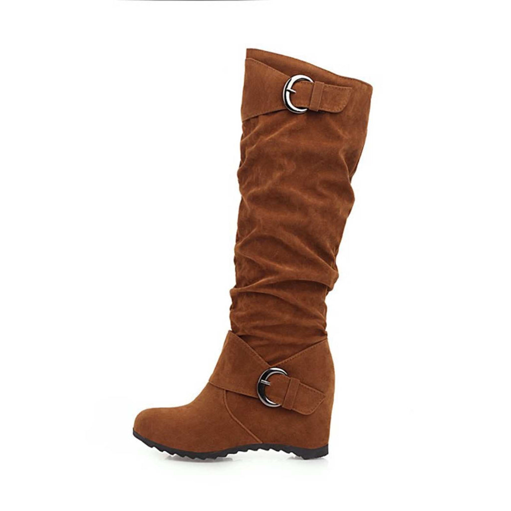hopeusnice Women's Over The Knee Boots Suede Buckle Wedge Heel Winter Warm Boots Fashion Slouchy Boots Knee High Boots Brown 35