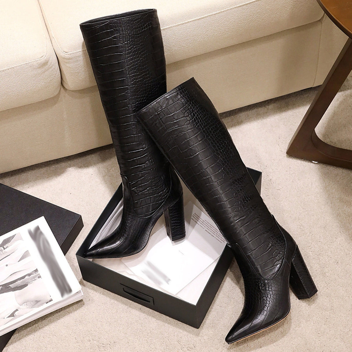 Women's Knee High Boots Pointed Toe Chunky Heel Leather Boots Fall Winter Warm Comfortable Fashion Boots Yellow 44