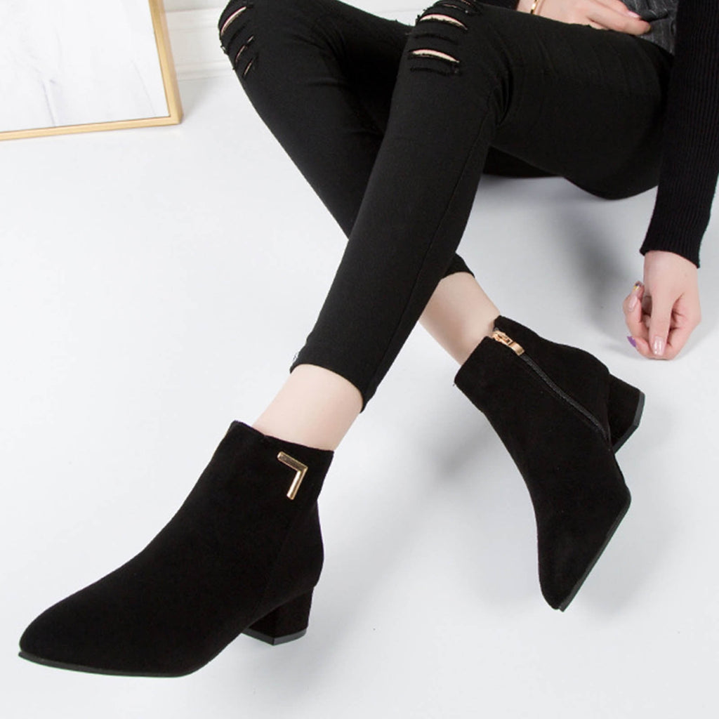 hopeusnice Women's Suede Ankle Boots Low Heel Pointed Toe Zipper Booties Comfortable Block Heel Dress Shoes Fall Winter Footwear Beige 42