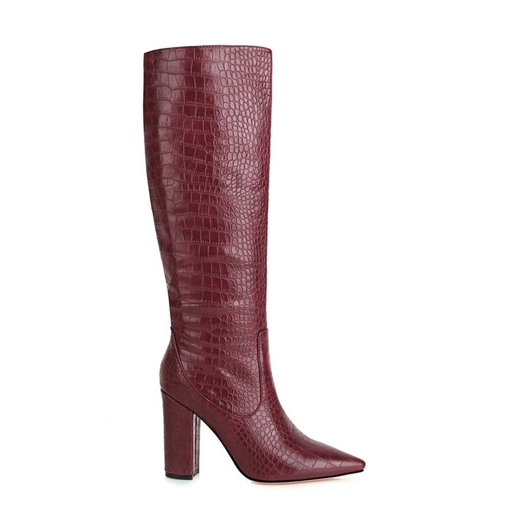 Women's Knee High Boots Pointed Toe Chunky Heel Leather Boots Fall Winter Warm Comfortable Fashion Boots Yellow 44