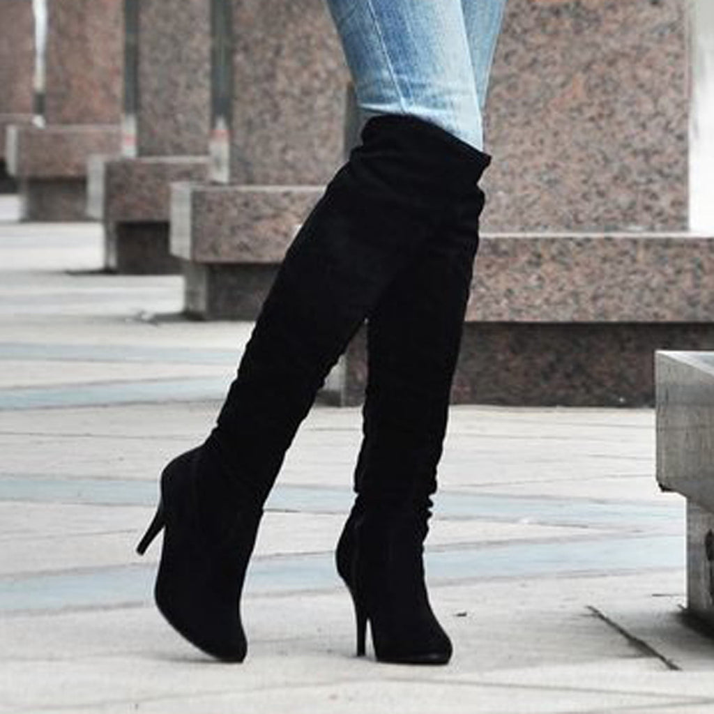 hopeusnice Women's Over The Knee Boots High Heel Faux Leather Pointed Toe Stilettos Chunky Heel Thigh High Boots Winter Booties Matte black 39