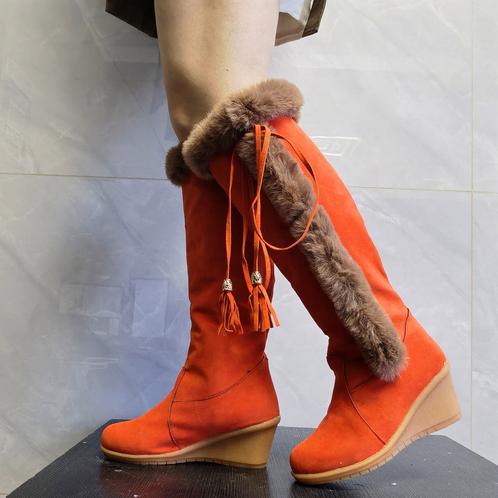 Women's Winter Boots Fuzzy Fleece Lined Wedge Heel Knee High Booties Tassel Buckle Closure Warm Snow Boots Comfortable Fashion Footwear Black 35