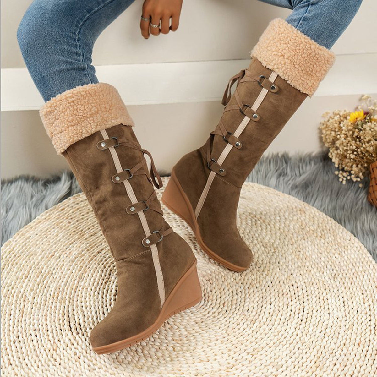 Women's Fashion Suede Wedge Boots Winter Warm Knee High Boots Buckle Tassel Side Zipper Booties Brown 35