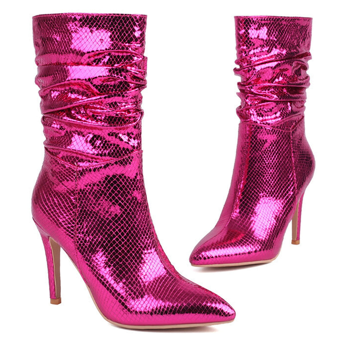 hopeusnice Women's Snake Print Pointed Toe Stilettos Heel Ankle Boots Mid Calf Pull on Green Shiny Faux Leather Party Boots Blue 35
