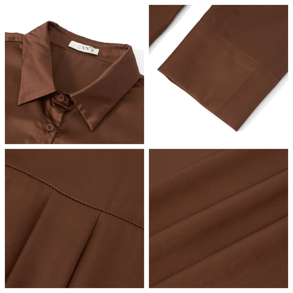 UVN Blouses for Women Long Sleeve Satin Shirts Button Down Ladies Casual Top