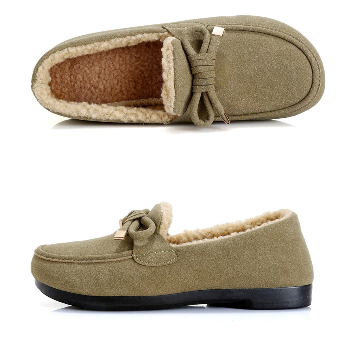hopeusnice Women's Winter Fuzzy Fleece Lined Snow Boots Slip On Flat Shoes Warm Plush Bowknot Cozy Indoor Outdoor Flats Green 37