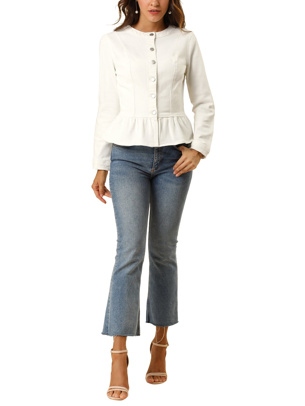 INSPIRE CHIC Women's Denim Jackets Button Down Peplum Hem Long Sleeves Cropped Jean Jackets White L