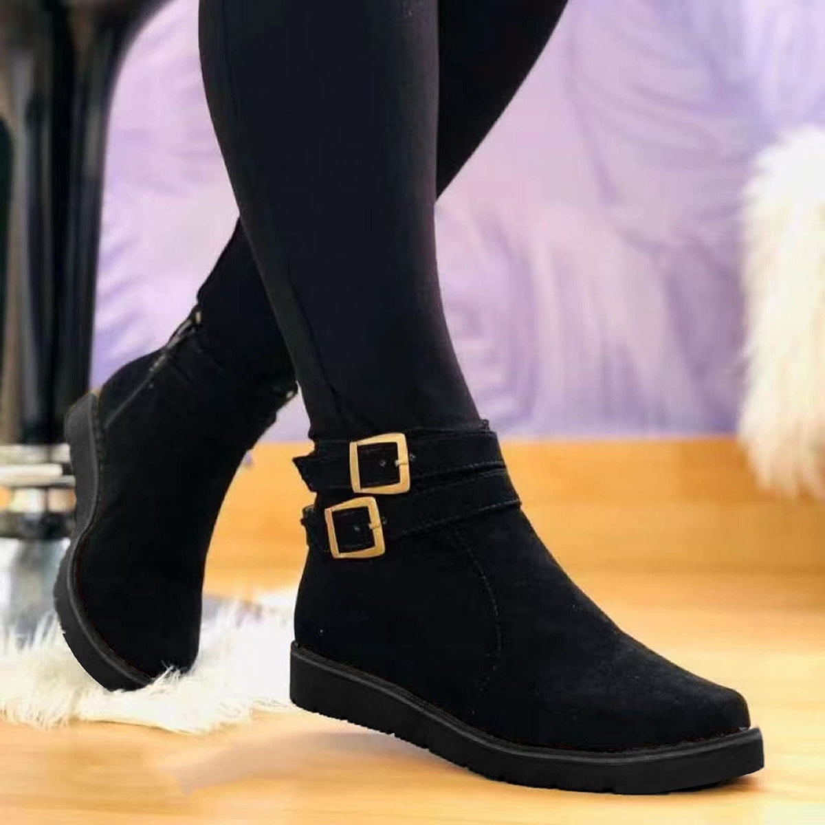 hopeusnice Women's Buckle Ankle Boots Suede Winter Warm Shoes Flat Heel Buckle Ankle Boots Comfortable Fashion Boots Black 36