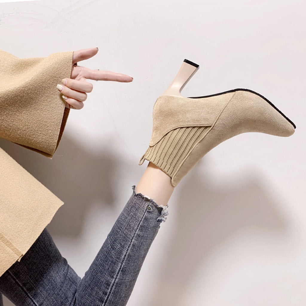 hopeusnice Women's Ankle Boots Pointed Toe Suede Block Heel Booties Elastic Side Zipper Comfortable Dress Boots Fall Winter Shoes Beige 39
