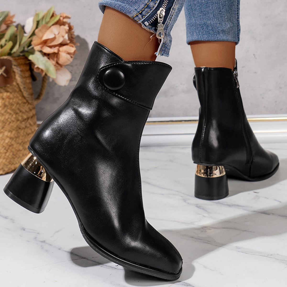 hopeusnice Women's Ankle Boots Square Toe Block Heel Leather Zipper Buckle Chunky Heel Fall Winter Fashion Comfortable Black 42