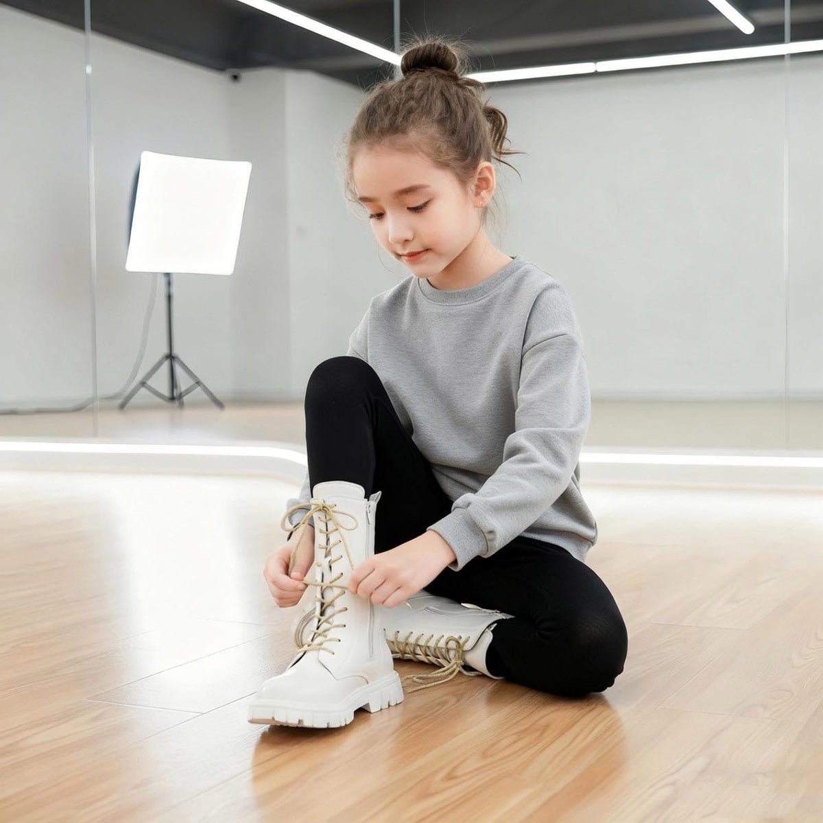 Mwjwdo Girl's Mid Calf Boots Fashion Bow Knot Long Barrel Leather Casual Comfortable Princess Boots for Fall Winter Little Kids Beige 34