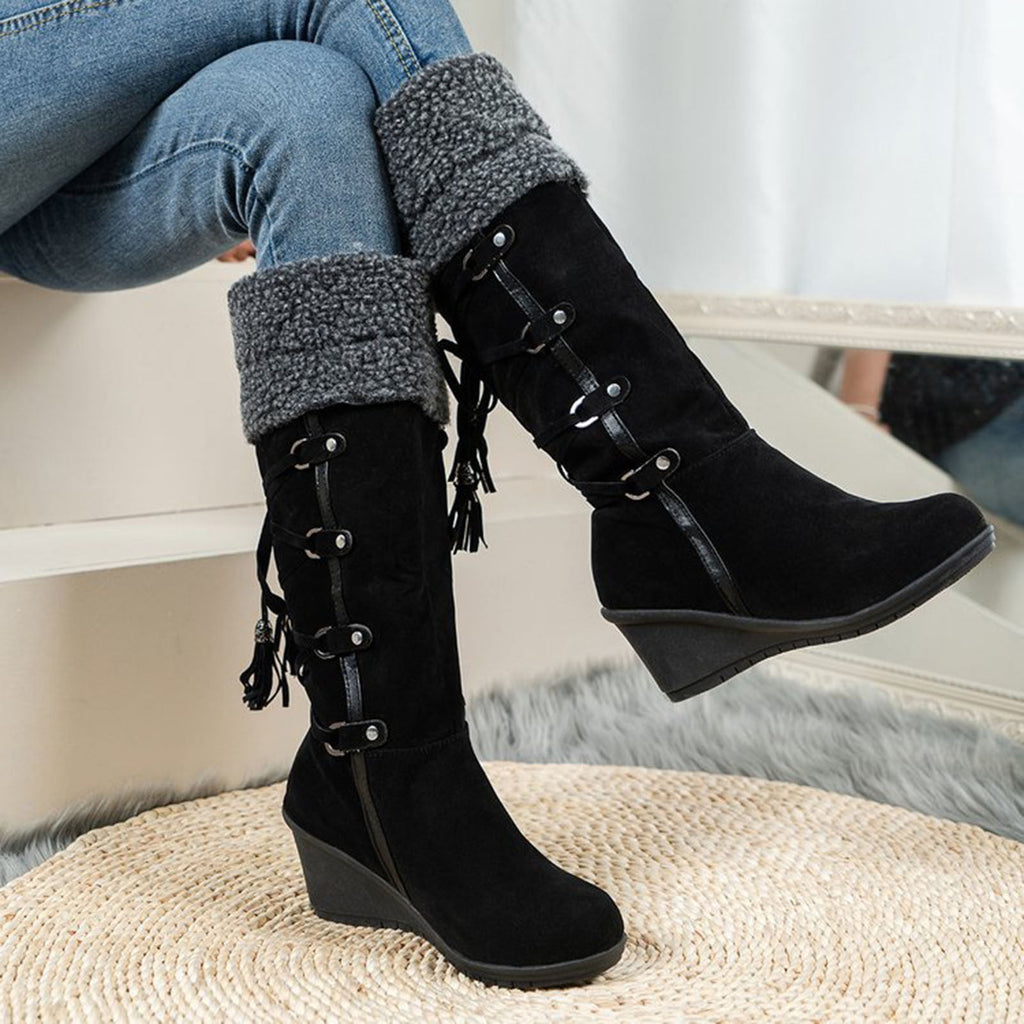 Women's Fashion Suede Wedge Boots Winter Warm Knee High Boots Buckle Tassel Side Zipper Booties Brown 35