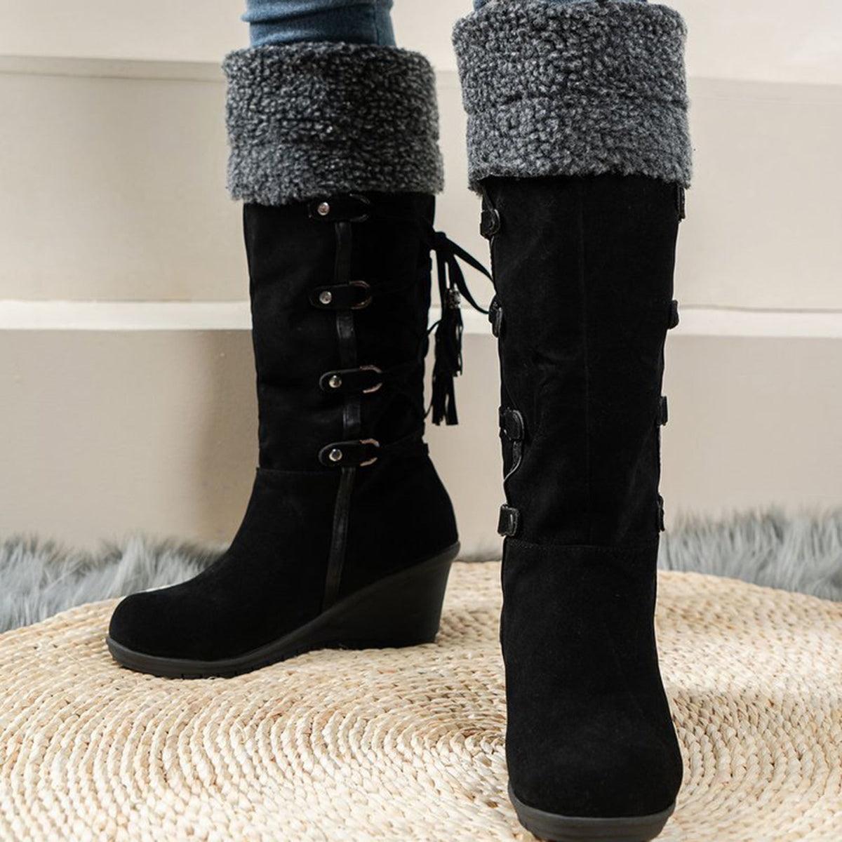 Women's Fashion Suede Wedge Boots Winter Warm Knee High Boots Buckle Tassel Side Zipper Booties Brown 35