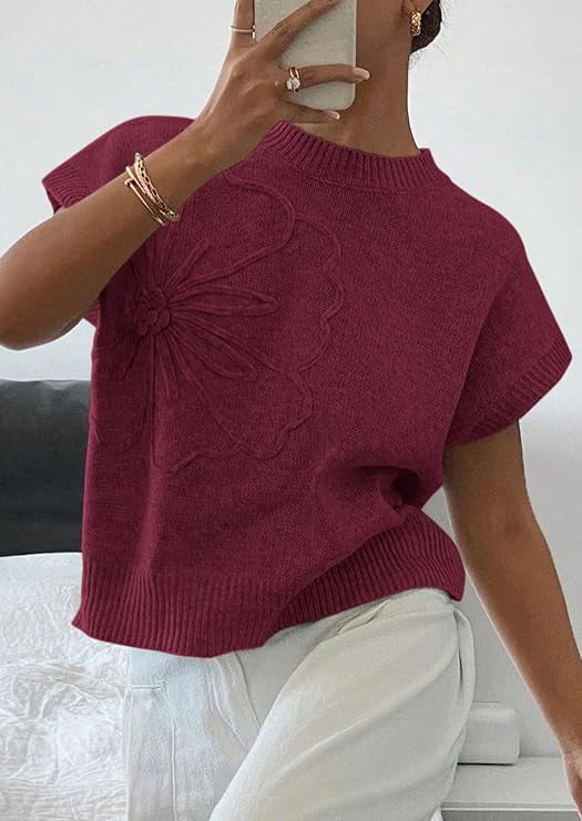 PRETTYGARDEN Women's Spring Sweater Vest Trendy Flower Knit Short Sleeve Cute Pullover Tank Tops Summer Fashion Clothing