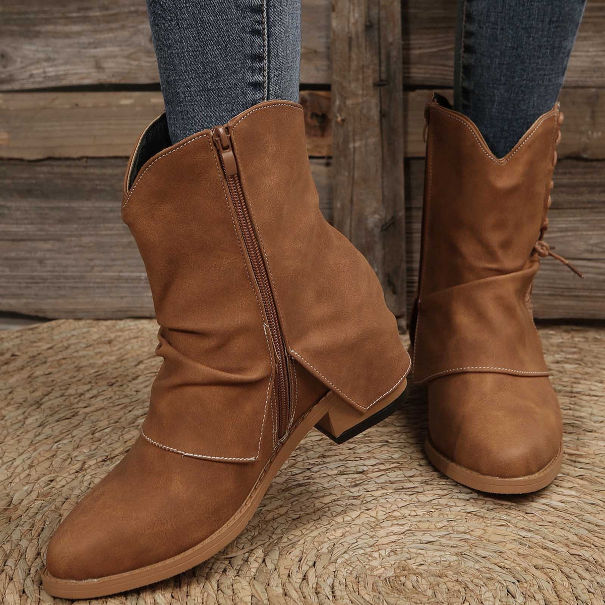 hopeusnice Women's Lace Up Ankle Boots Suede Buckle Low Heel Chunky Heel Mid Calf Booties Round Toe Zipper Fall Winter Comfortable Shoes Brown 38