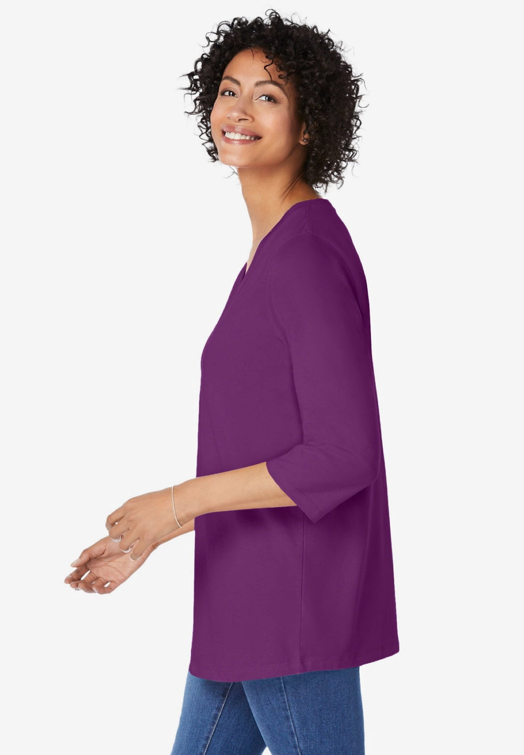 Woman Within Plus Size Perfect Three-Quarter Sleeve V-Neck Tunic
