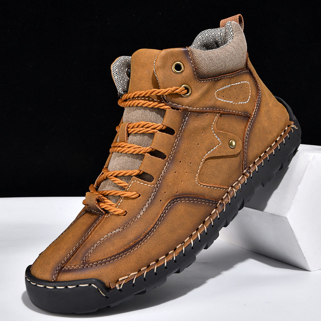 RotHome Men's Casual Outdoor Chukka Boots Hand-Stitched Leather High Top Walking Shoes with Non-Slip Rubber Sole for Daily Work and Travel, Wine, Size 6
