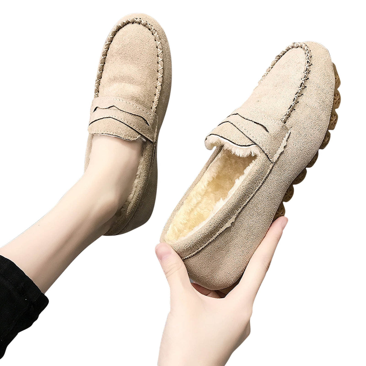 Women's Suede Loafers Winter Warm Plush Fuzzy Fleece Lined Slip On Shoes Flats Comfortable Cozy Indoor Outdoor Footwear Red 38