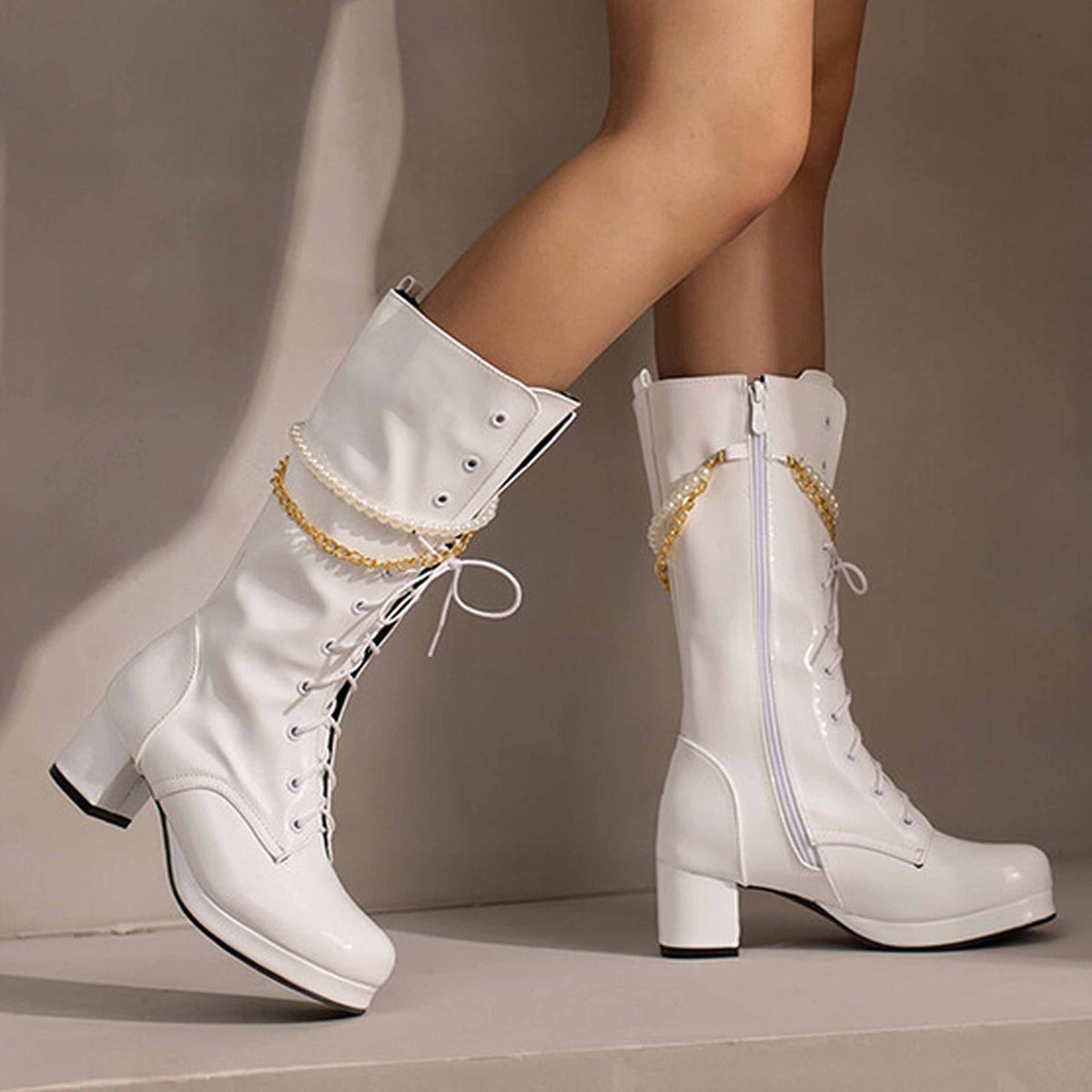 hopeusnice Knee High Boots for Women Mid Calf Boots Chunky Block Heels Buckle Lace Up Boots Stylish Fall Winter Shoes Orange 36