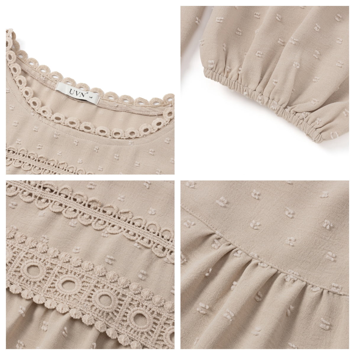 UVN Fall Shirts for Women Long Sleeve Blouses Ladies Crewneck Lace Crochet Tops Dressy Chiffon Blouses