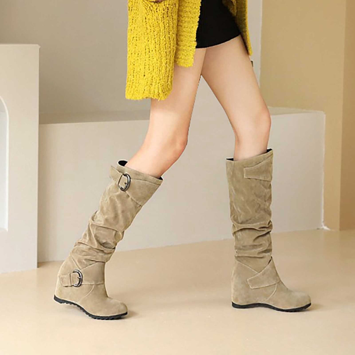hopeusnice Women's Over The Knee Boots Suede Buckle Wedge Heel Winter Warm Boots Fashion Slouchy Boots Knee High Boots Brown 35