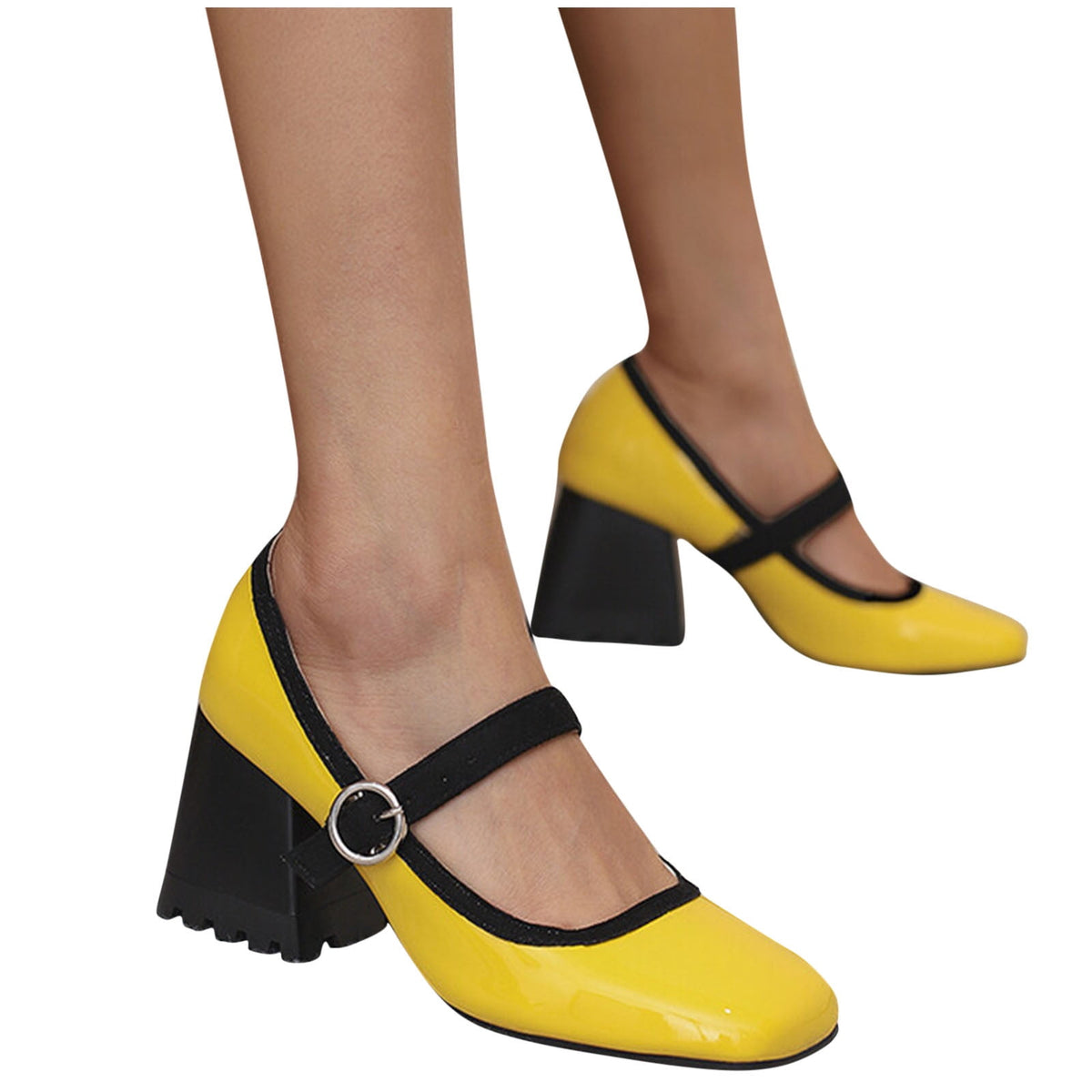 hopeusnice Women's Mary Jane Buckle Block Heel Pumps Square Toe Chunky Heel Dress Shoes Comfortable Formal Wedding Party Shoes Green 38