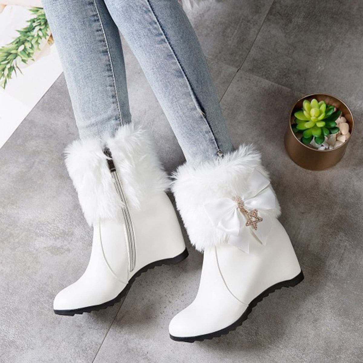 Women Winter Warm Hidden Wedge Snow Booties Leather Cute Bowknot Rhinestones Fuzzy Fleece Lined Thickening Side Zipper Ankle Boots White 39