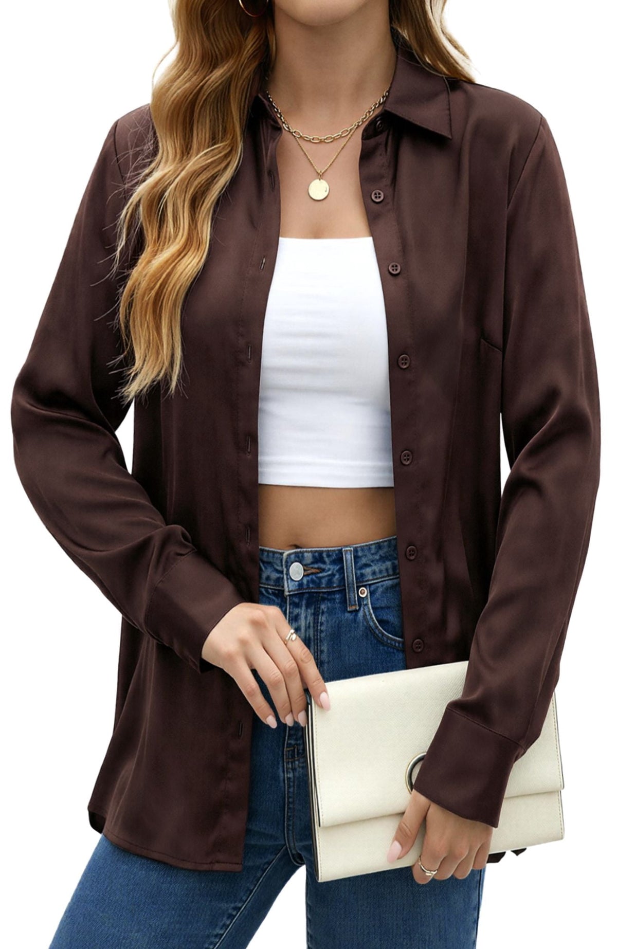 UVN Blouses for Women Long Sleeve Satin Shirts Button Down Ladies Casual Top
