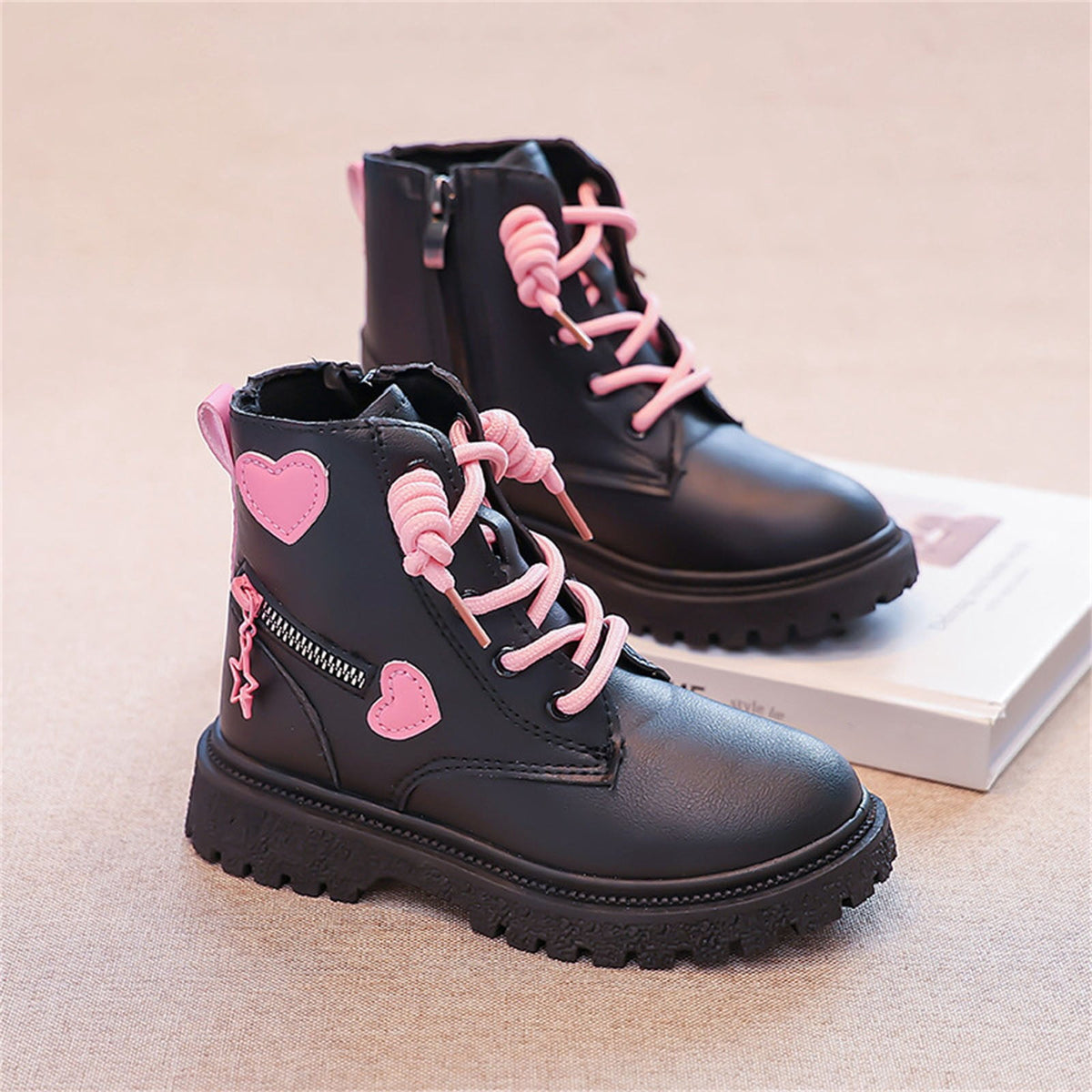 BXJX Girls Ankle Boots with Zipper, Non-Slip Soft Sole Fall Winter Cute Lace Up Boots Pink Size 12.5 Little Kids