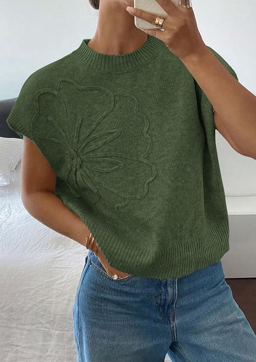 PRETTYGARDEN Women's Spring Sweater Vest Trendy Flower Knit Short Sleeve Cute Pullover Tank Tops Summer Fashion Clothing