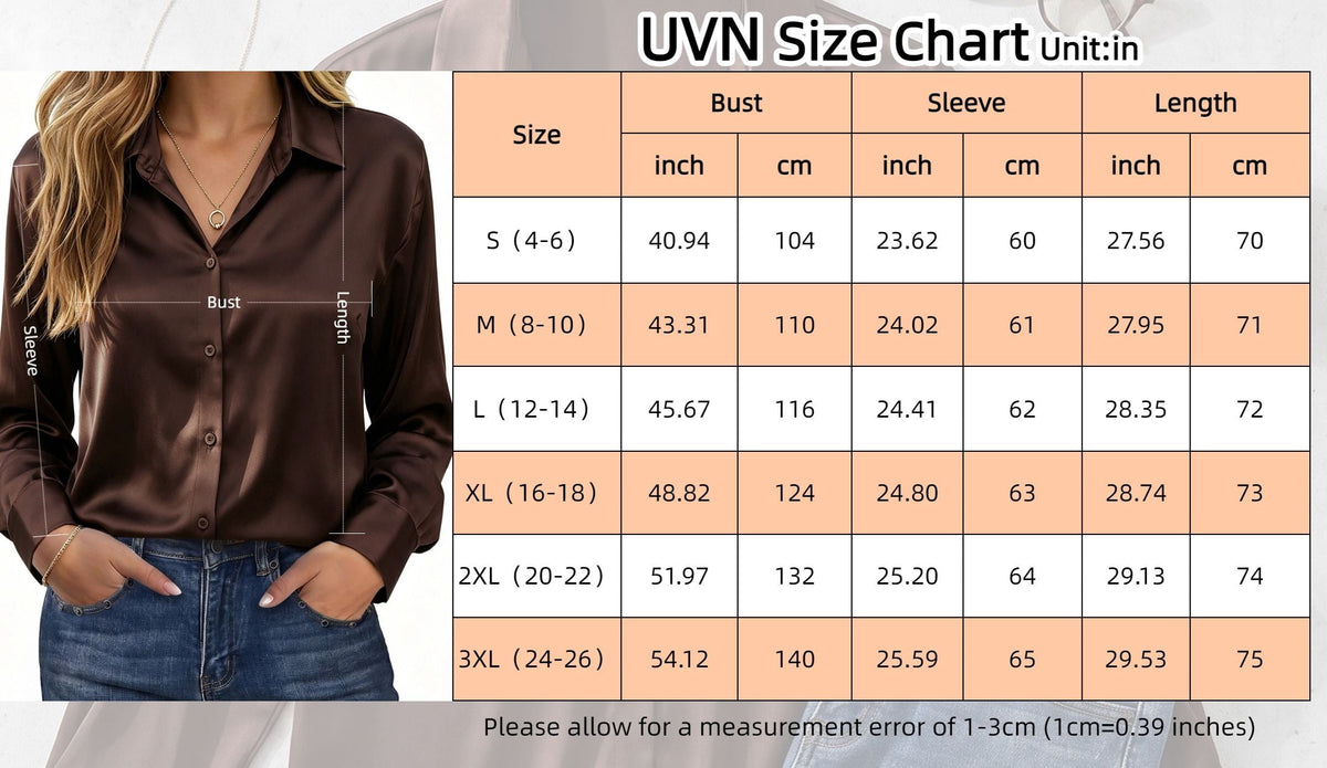 UVN Blouses for Women Long Sleeve Satin Shirts Button Down Ladies Casual Top