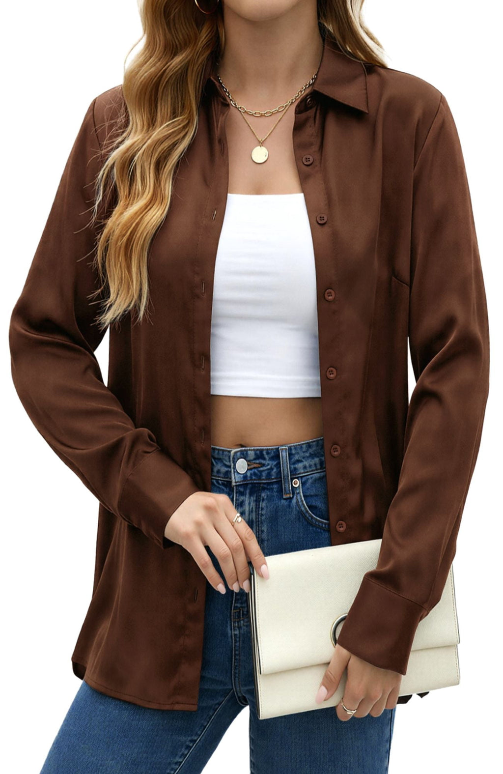 UVN Blouses for Women Long Sleeve Satin Shirts Button Down Ladies Casual Top