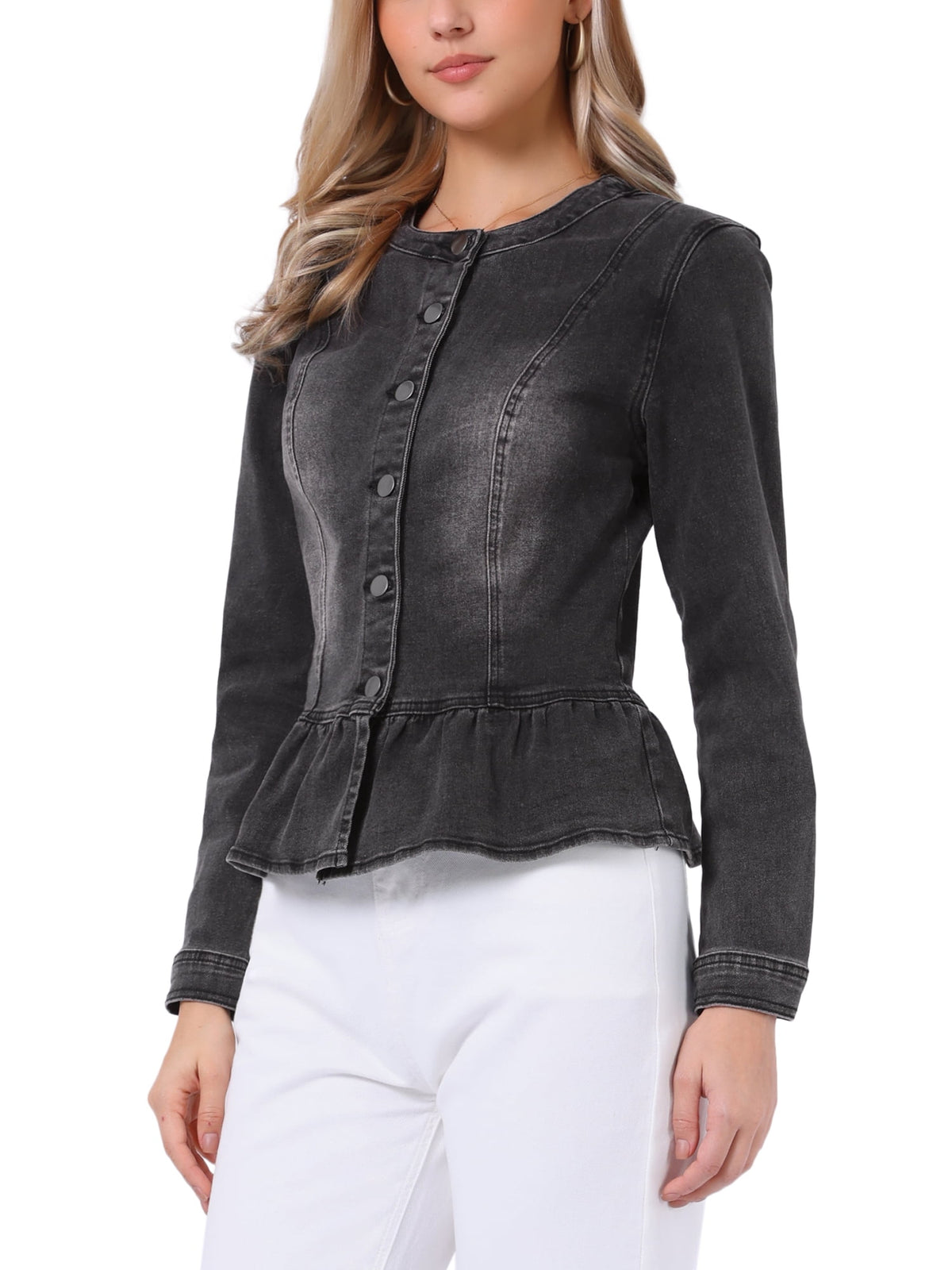 INSPIRE CHIC Women's Denim Jackets Button Down Peplum Hem Long Sleeves Cropped Jean Jackets White L